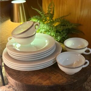 Pyrex Vintage White Milk Glass and Gray Dinnerware Set